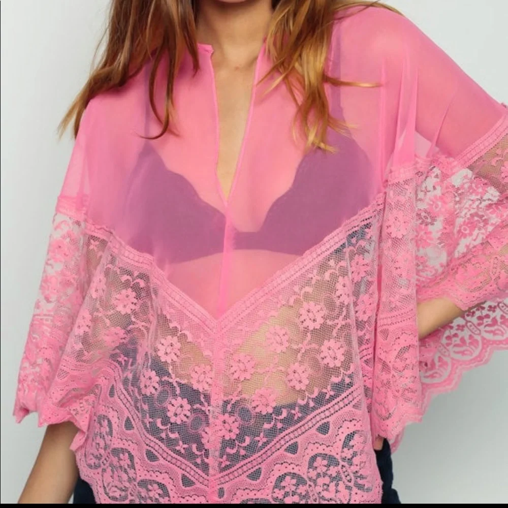Lace Shawl Hippie Poncho 70s SHEER Cape Pink Chiffon Vintage Small Medium - Picture 4 of 5